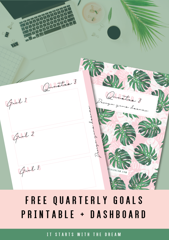 two printable worksheets laid on a. desk on how to set your quarterly goals