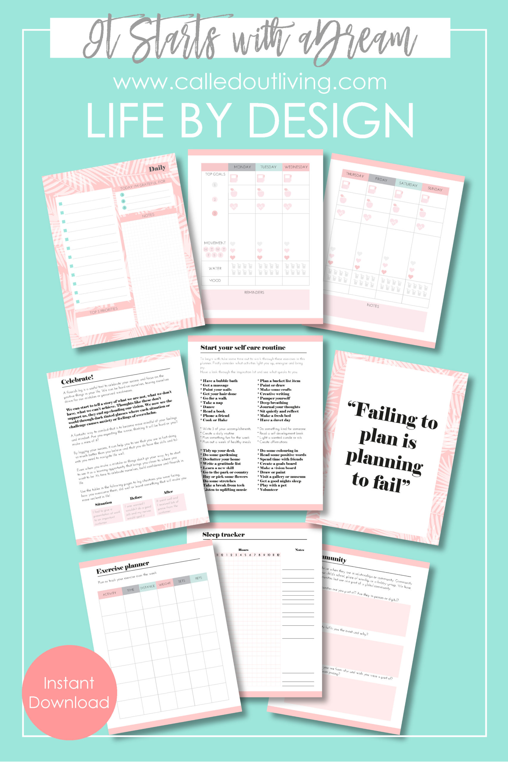 Self Care Planner Printable Workbook - It starts with the dream