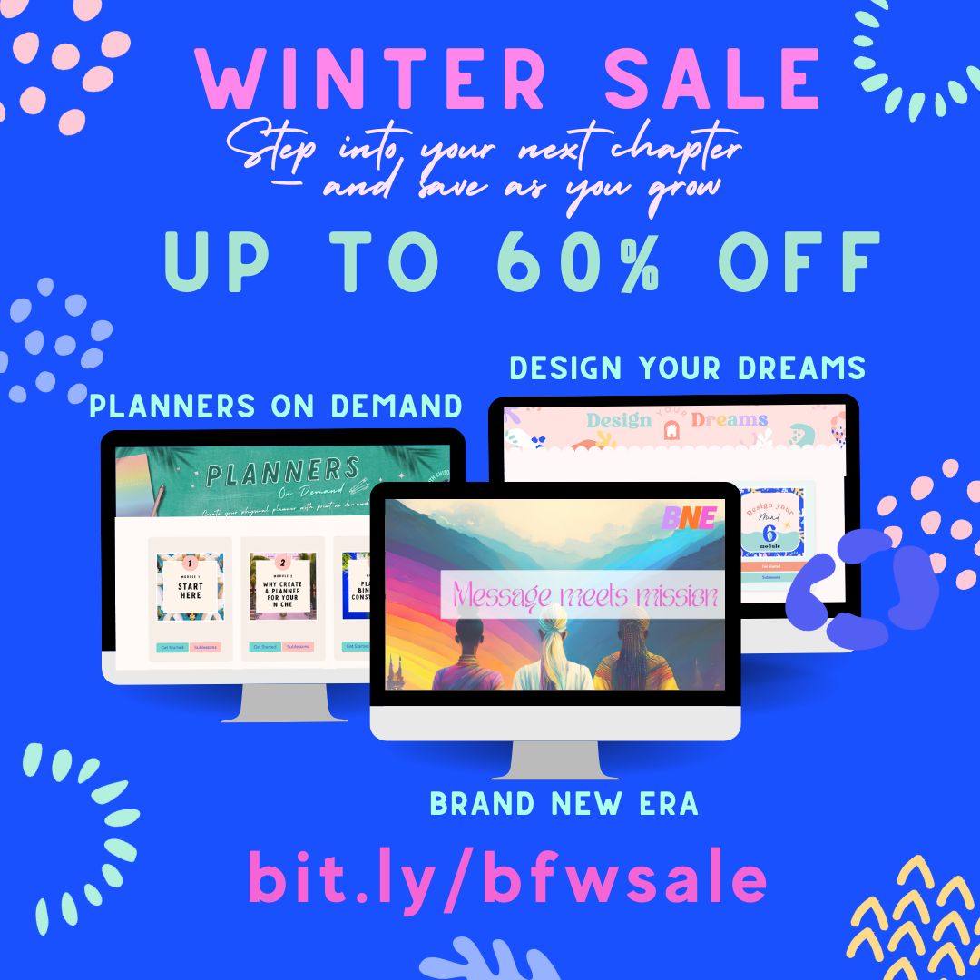 Transform your passions into purpose with my winter Sale — up to 60% off courses and printables to guide your next steps— but hurry, the discounts drop each week!

📅 Discount schedule:
24 Nov – 7 Dec: 60% off
8 Dec – 14 Dec: 50% off
15 Dec – 21 Dec: 40% off
22 Dec – 28 Dec: 30% off
29 Dec – 7 Jan: 20% off

🔗bit.lybfwsale🔗

#HeartLedDreams #LifeDesignJourney #WinterSale #CreateYourPath #HealingThroughCreativity
#FaithLedBusiness
#PurposeDrivenLife
#ChristianEntrepreneur
#CreativeCalling
#SoulfulBusiness
#InspiredByFaith
#DesignYourPurpose
#HeartLedLife
#KingdomEntrepreneur
